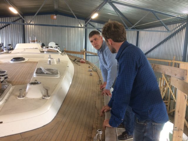 Visit of Samuel Jefferson, Sailing Today at Alfa Yacht Production (producing Diva and Campus sailing yachts), on the picture together with CEO Kalev Kaal